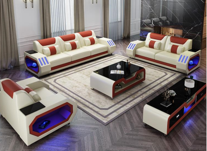 Ādas dīvāns gultā Gultas komplekts 3+1+1 - Apgaismojotie dizaina dīvāni Jaunumi